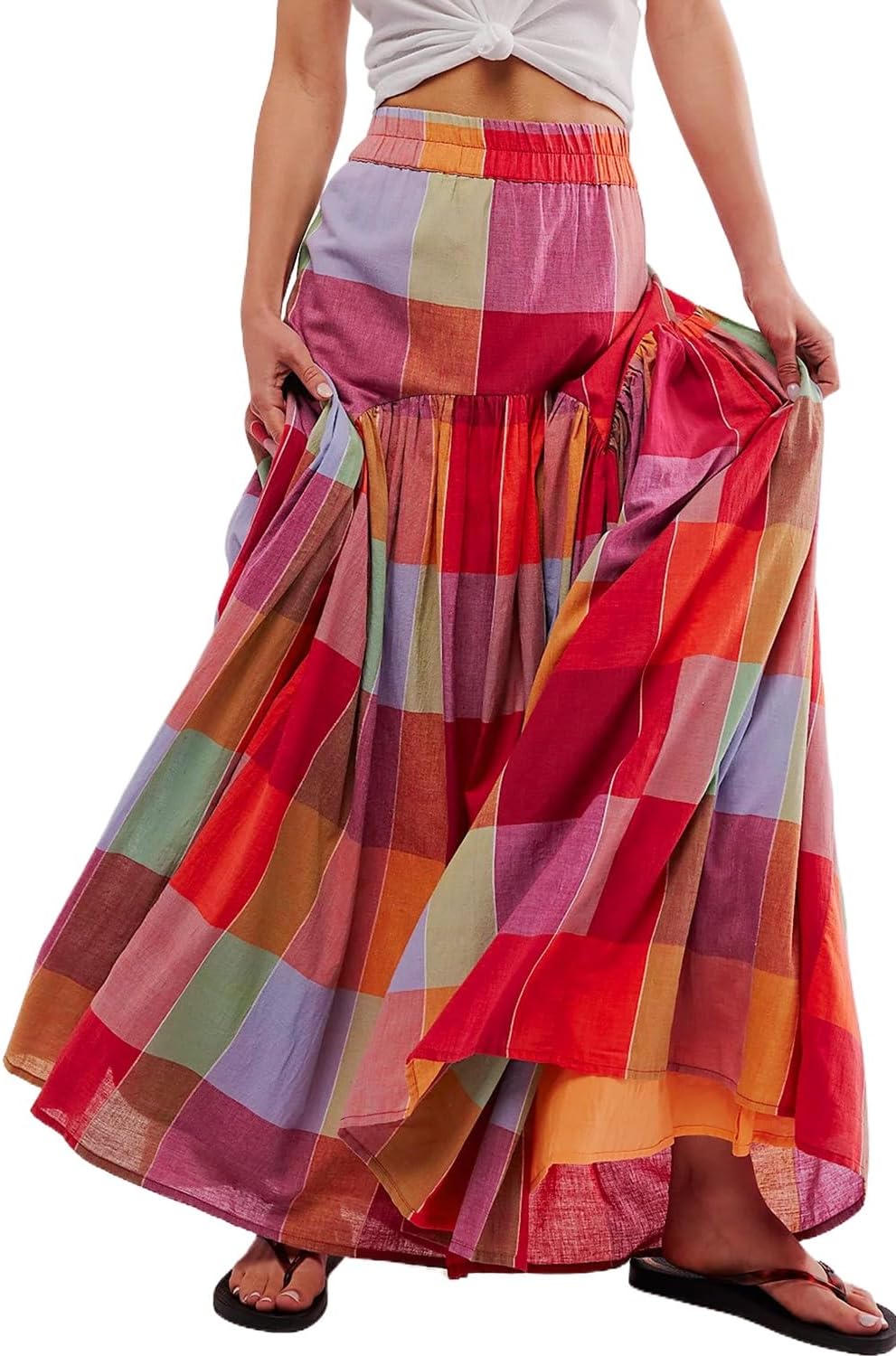 Clara Falda Maxi para Mujer a Cuadros Multicolor – Falda Larga Fluida de Cintura Alta