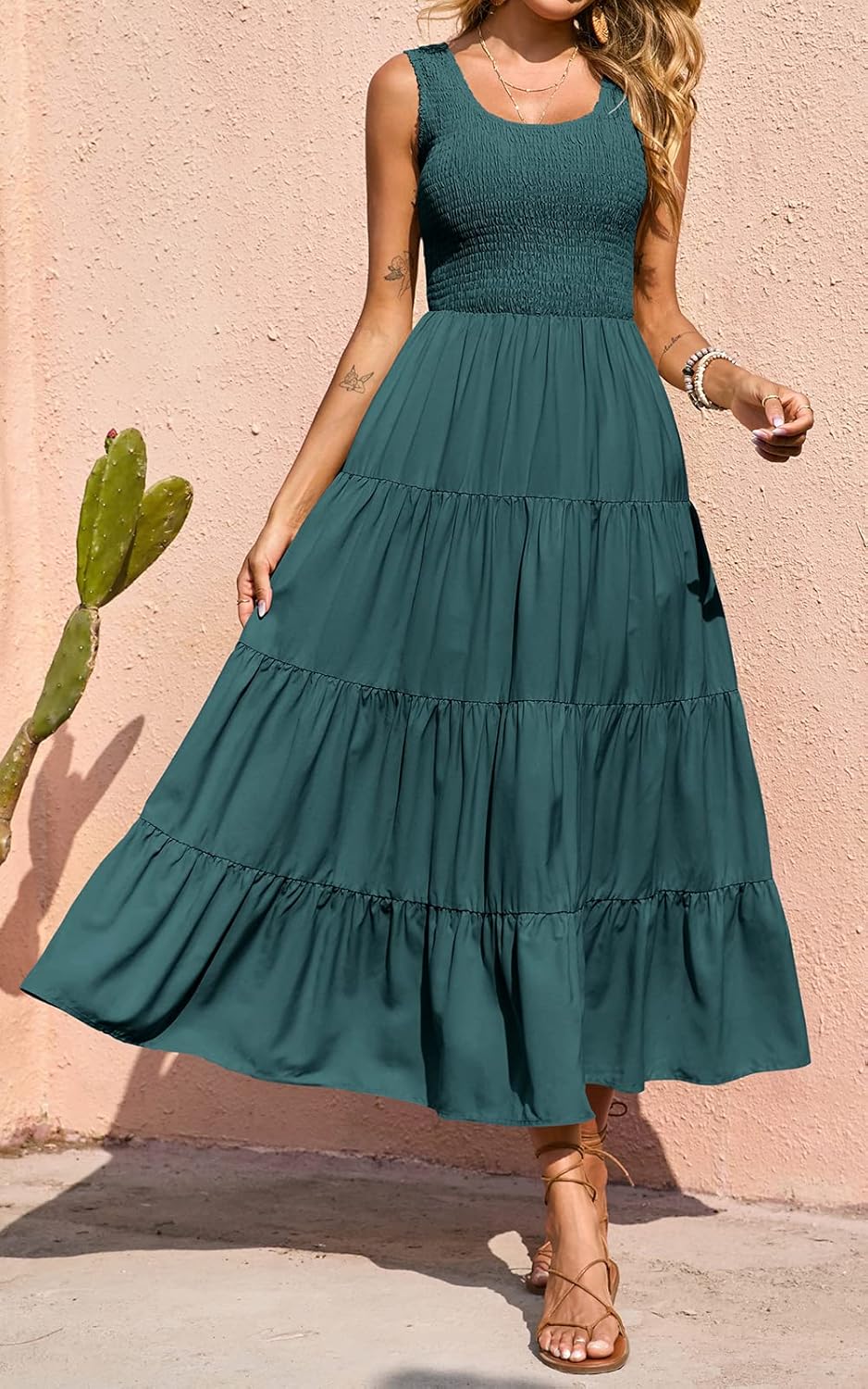 Sophie Robe Maxi Boho pour Femme – Robe Longue d'Été Smock Élégante Sans Manches