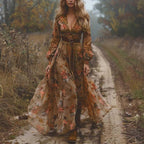 Luna Vestido Mujer – Vestido Largo Bohemio Floral, Escote en V, Mangas Largas, Elegante