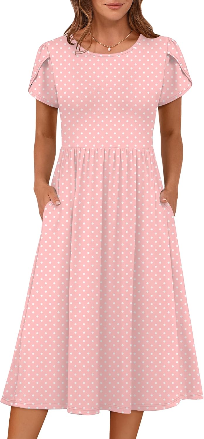 Robe midi florale Elisa pour femme – manches courtes, col rond, coupe trapèze avec poches