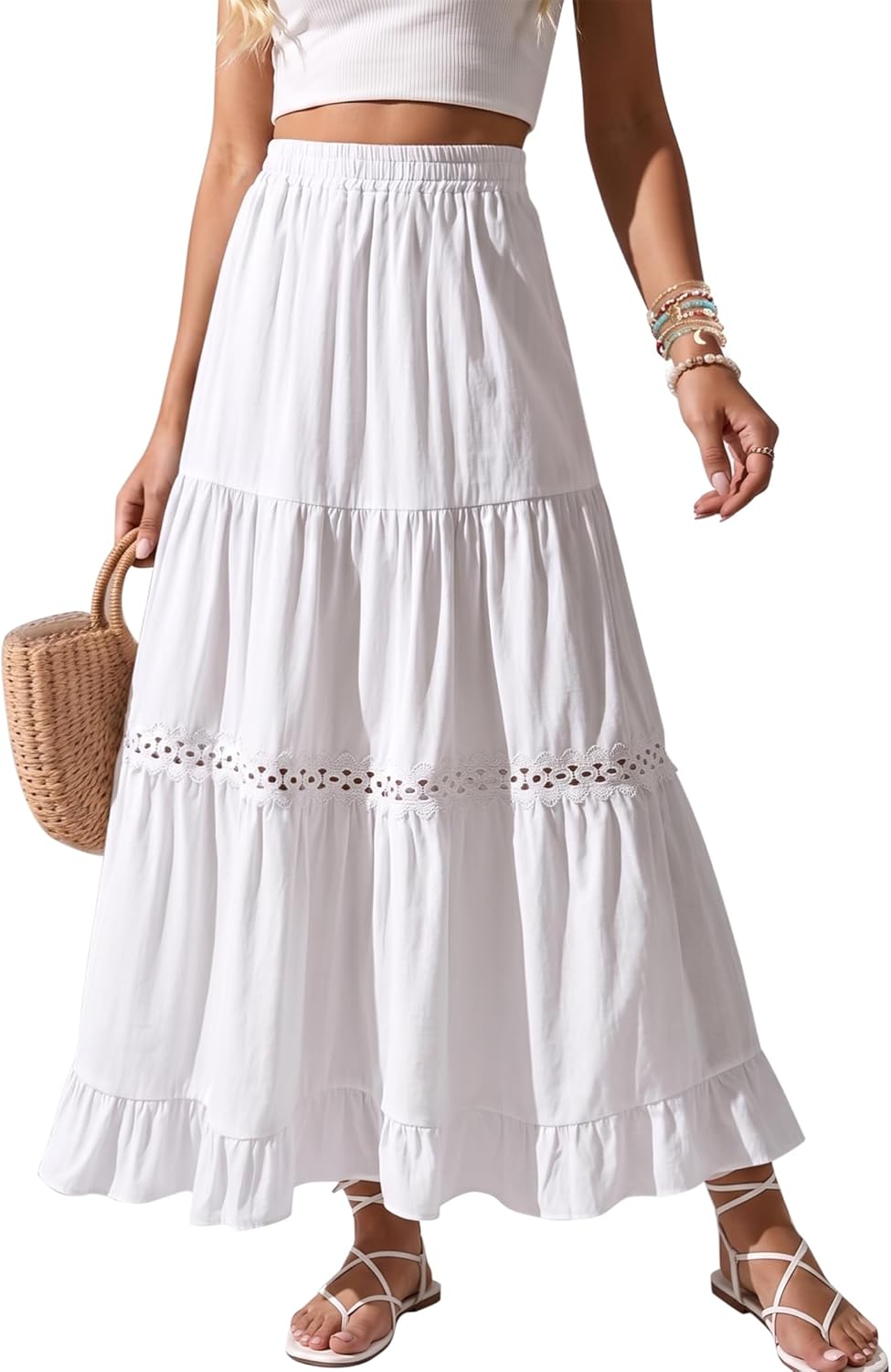 Falda Edith Gonna Maxi Donna Boho – Falda Larga de Algodón con Detalles en Encaje Crochet