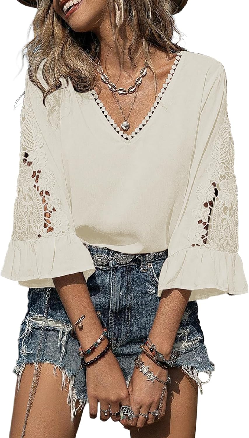 Blouse Chiara Femme – Col en V, Manches 3/4 Ajoutées, Top Casual Élégant