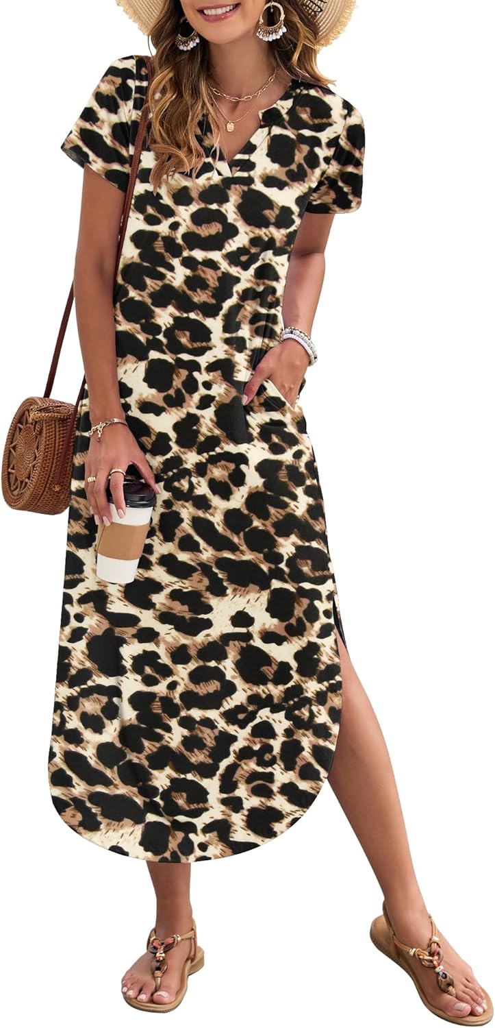 Francesca Robe Maxi Femme – Col en V, Fente Latérale, Poches, Robe Décontractée