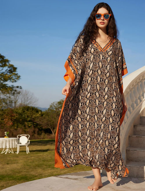 Amina Caftano Donna – Vestido Largo Boho, Estampado Étnico, Escote en V Profundo