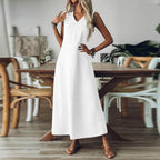 Marta Robe Femme – Robe Longue en Lin, Col V, Poches, Décontractée d'Été
