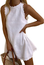 Meleden Robe Femme Mini Lin – Dos Nu, Col Ondulé, Fermeture Éclair Arrière Estivale