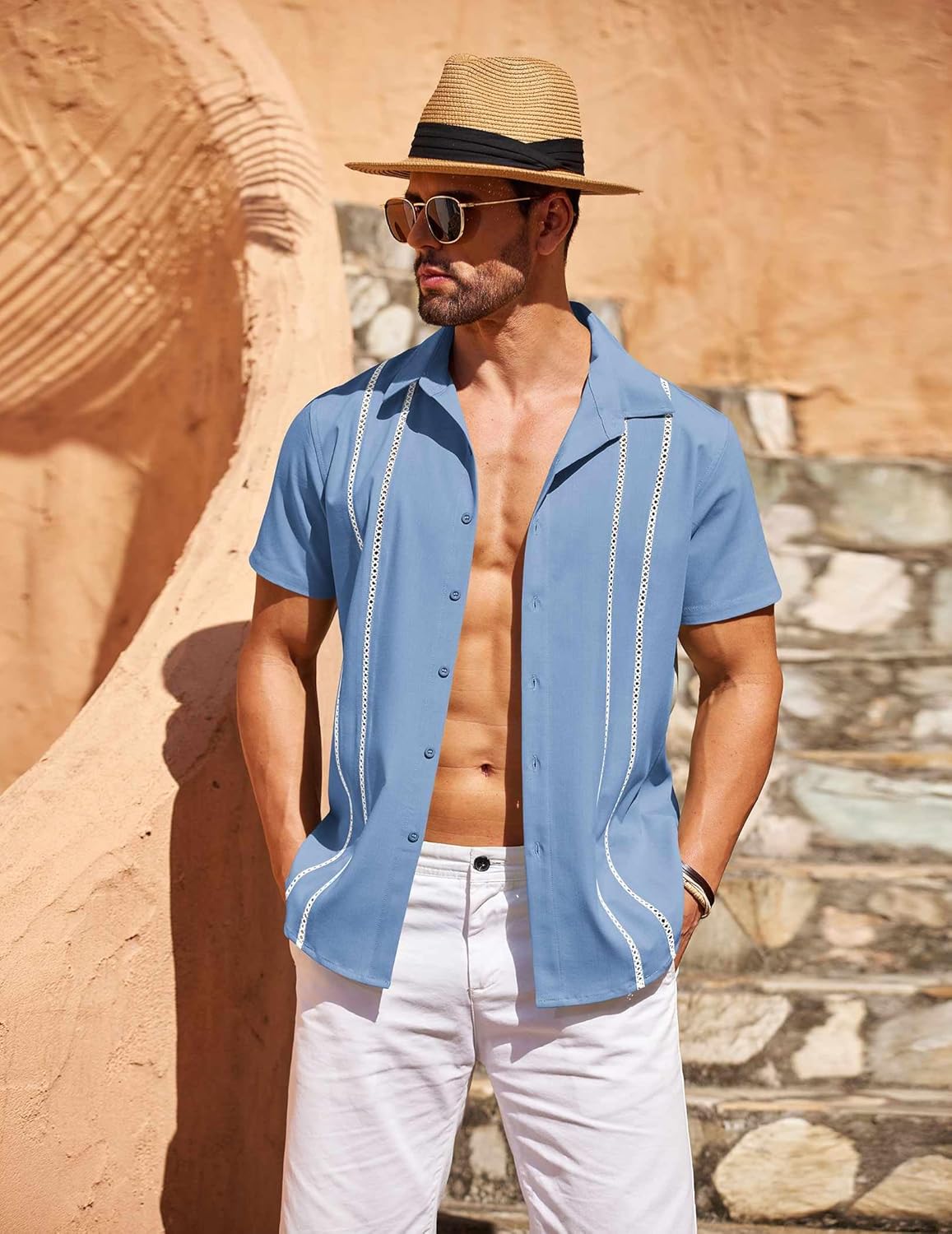 Riccardo Camisa Guayabera Hombre – Camisa Cubana de Verano de Manga Corta