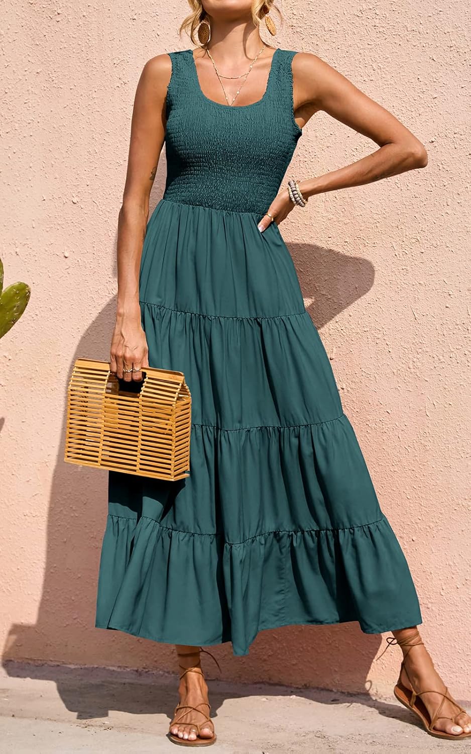 Sophie Robe Maxi Boho pour Femme – Robe Longue d'Été Smock Élégante Sans Manches