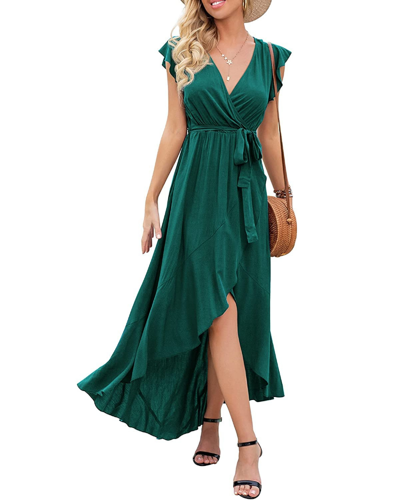 Avery Vestido largo de mujer estilo bohemio – escote en V cruzado y bajo asimétrico