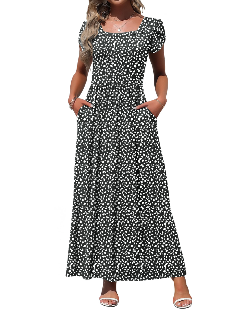 Amelia Vestido largo para mujer – Escote cuadrado, mangas de pétalo y bolsillos laterales