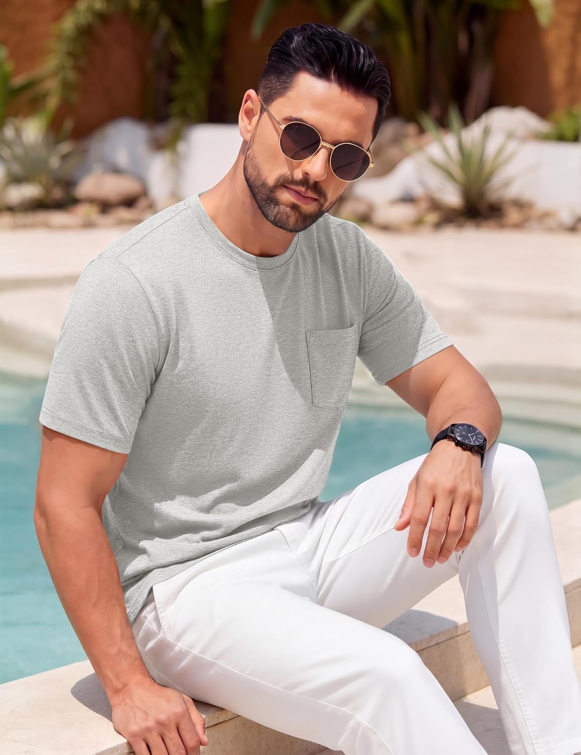 Camiseta Matteo para hombre en algodón con bolsillo – Camiseta casual de cuello redondo y mangas cortas