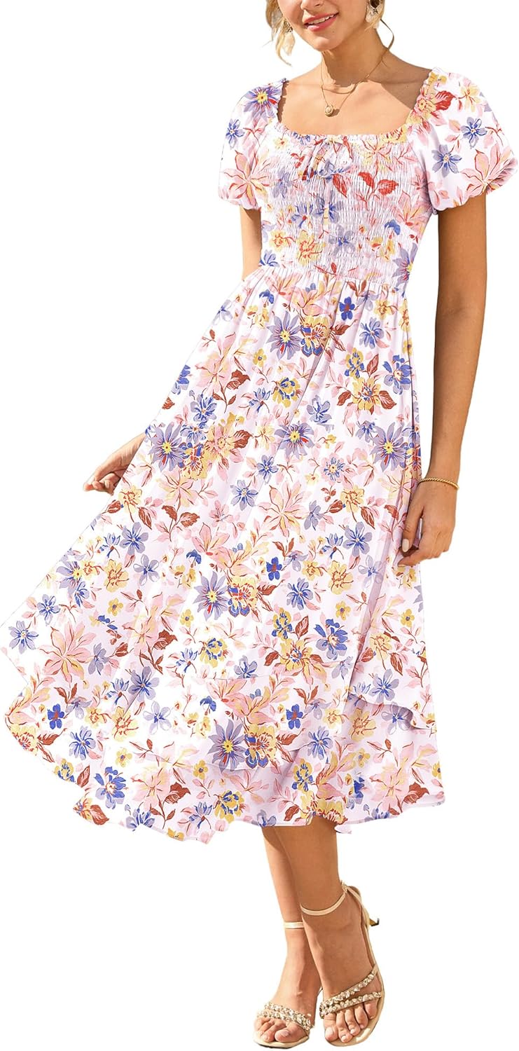 Margaritta Robe Femme Maxi Florale – Encolure Carrée, Manches Bouffantes, Taille Smockée A-Line
