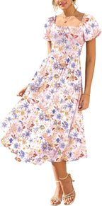Margaritta Robe Femme Maxi Florale – Encolure Carrée, Manches Bouffantes, Taille Smockée A-Line