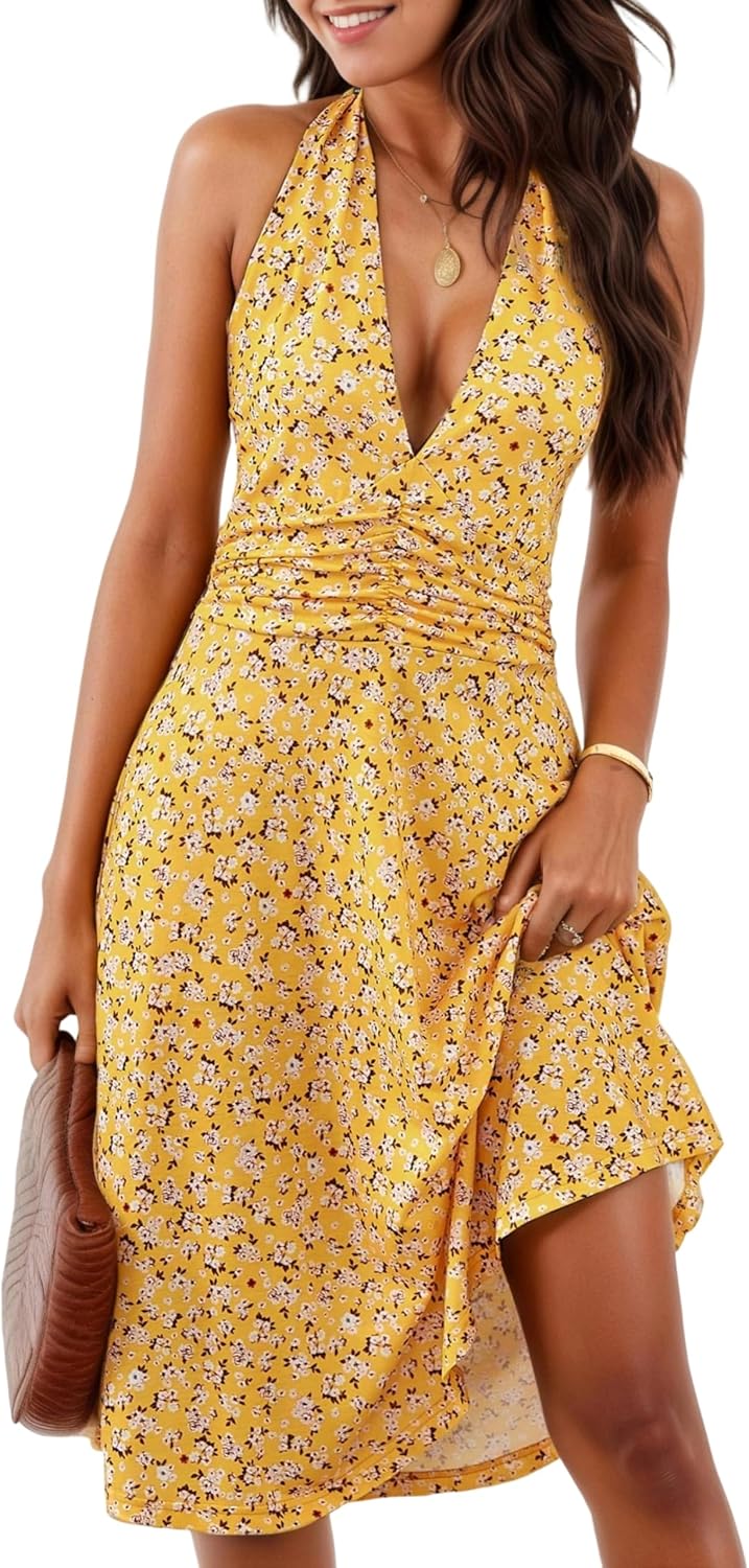 Robe femme Ludy à col halter floral – en V, dos nu, poches, estivale