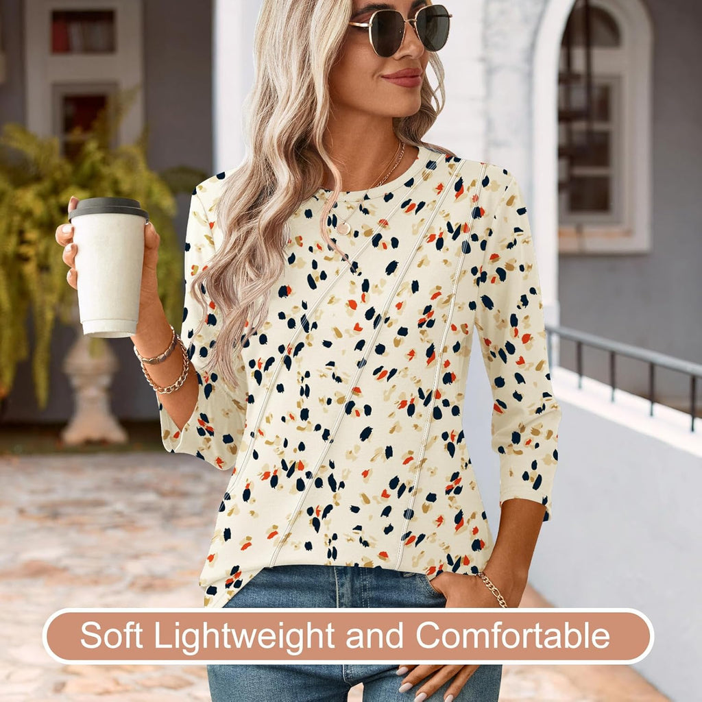 Martina Blouse Femme – Col V, Manches 3/4, Tunique Fleurie Plissée Élégante
