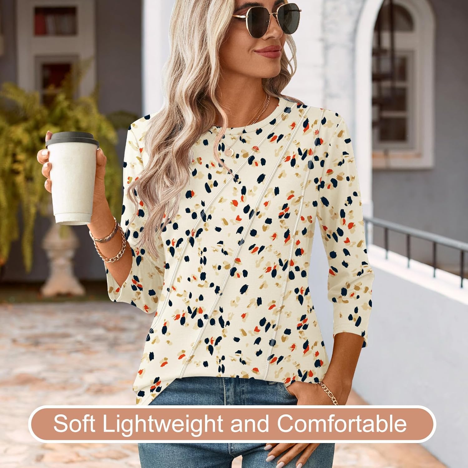 Martina Blouse Femme – Col V, Manches 3/4, Tunique Fleurie Plissée Élégante