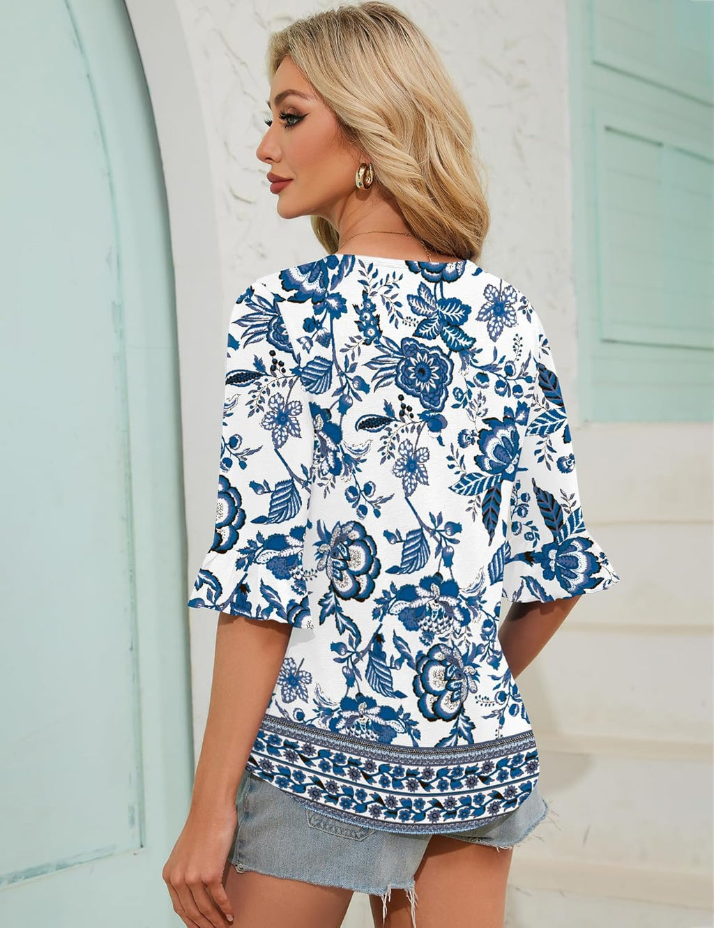 Francesca Túnica Mujer – Cuello Redondo, Mangas 3/4 con Volantes, Blusa Plisada Casual