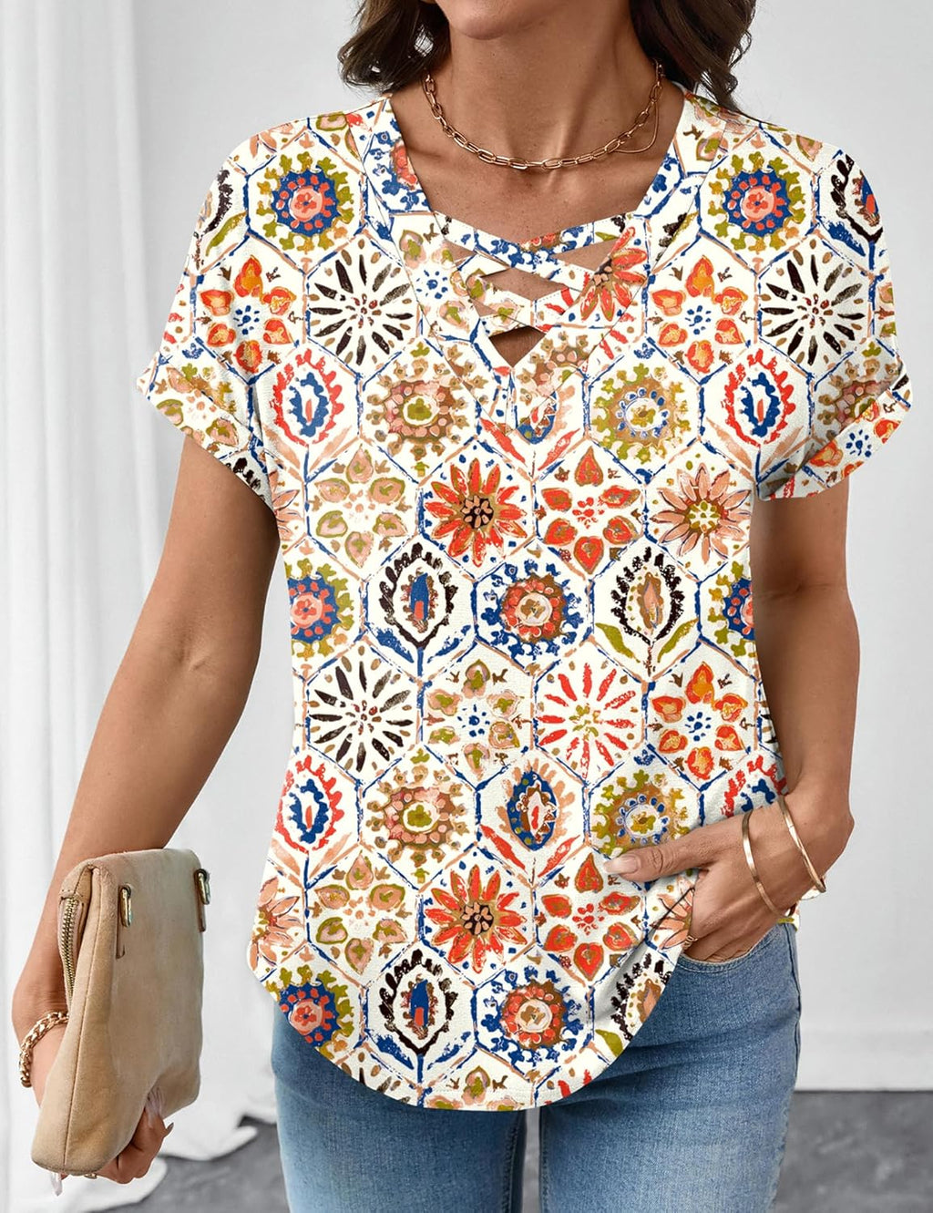 Francesca Pull Femme – Col en V Croisé, Manches Courtes, Casual Élégant