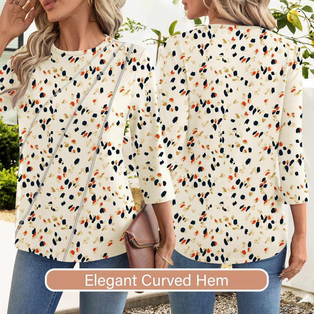 Martina Blouse Femme – Col V, Manches 3/4, Tunique Fleurie Plissée Élégante