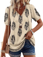 Francesca Blouse Femme Boho – Col en V avec Lien, Manches Bouffantes, Décontractée Fluide