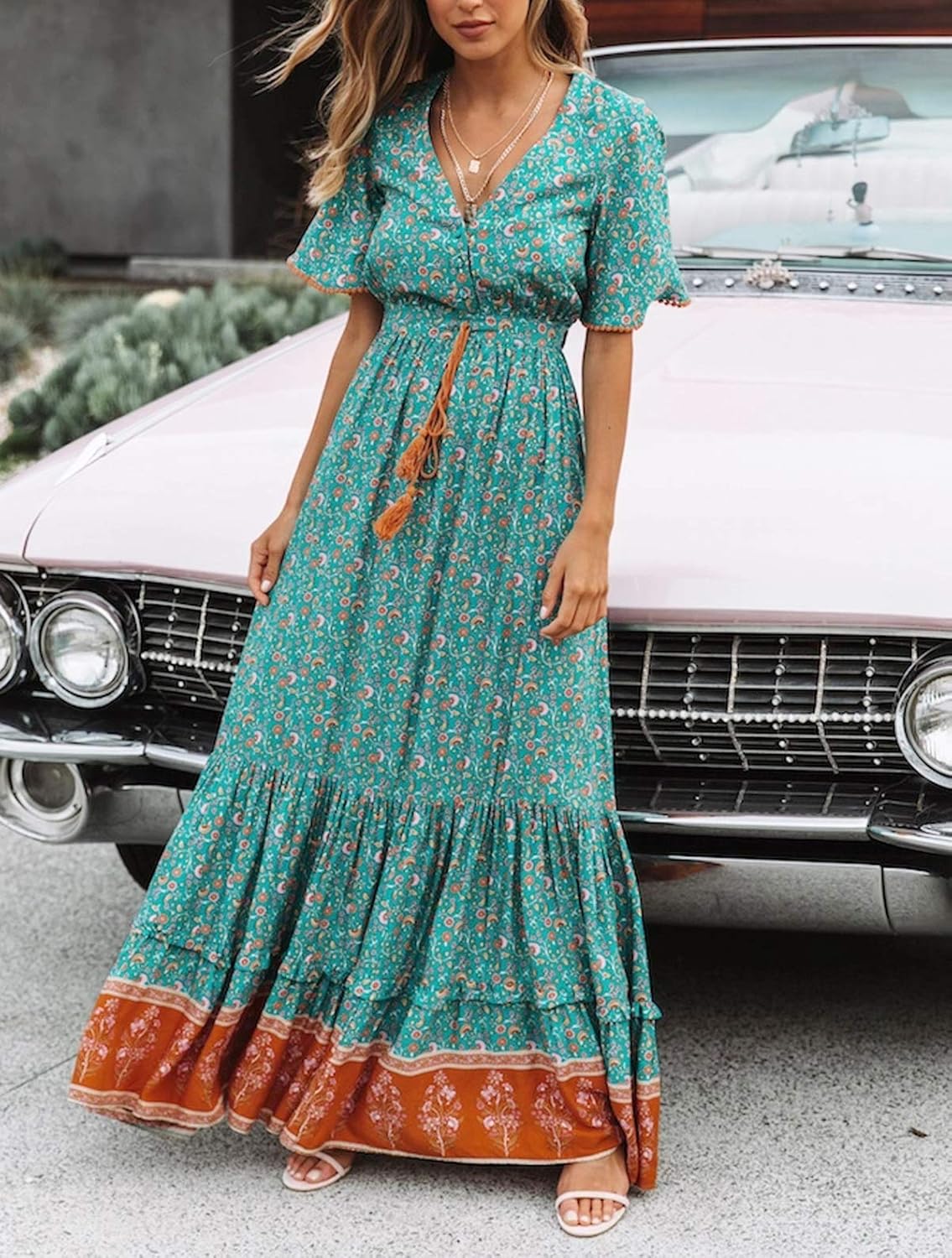 Elisa Robe Femme Maxi Bohème – Col en V Boutons, Robe Florale d'Été Élégante