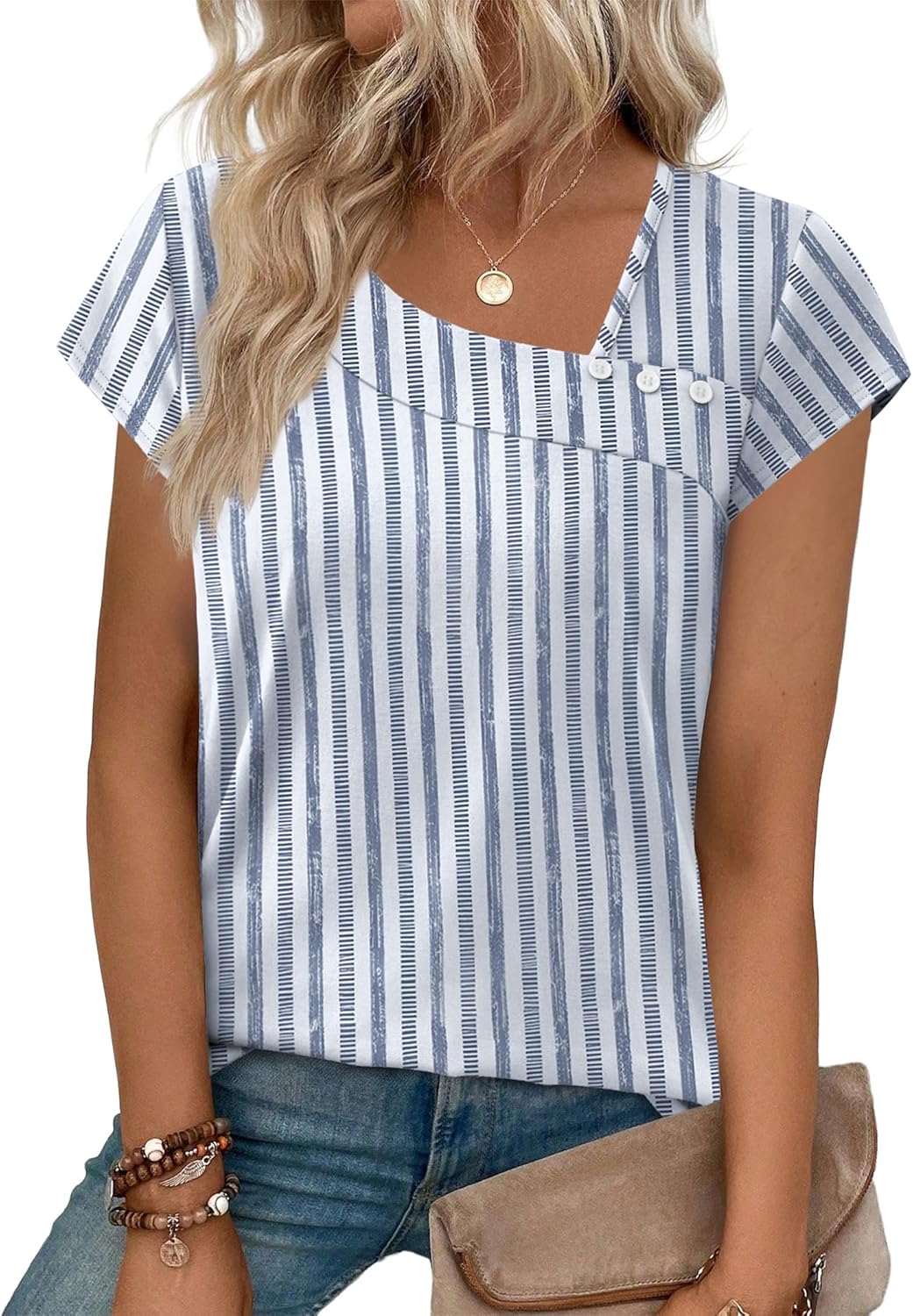 Martina Pull Femme – Encolure Carrée, Boutons, Manches Courtes, Décontracté Élégant