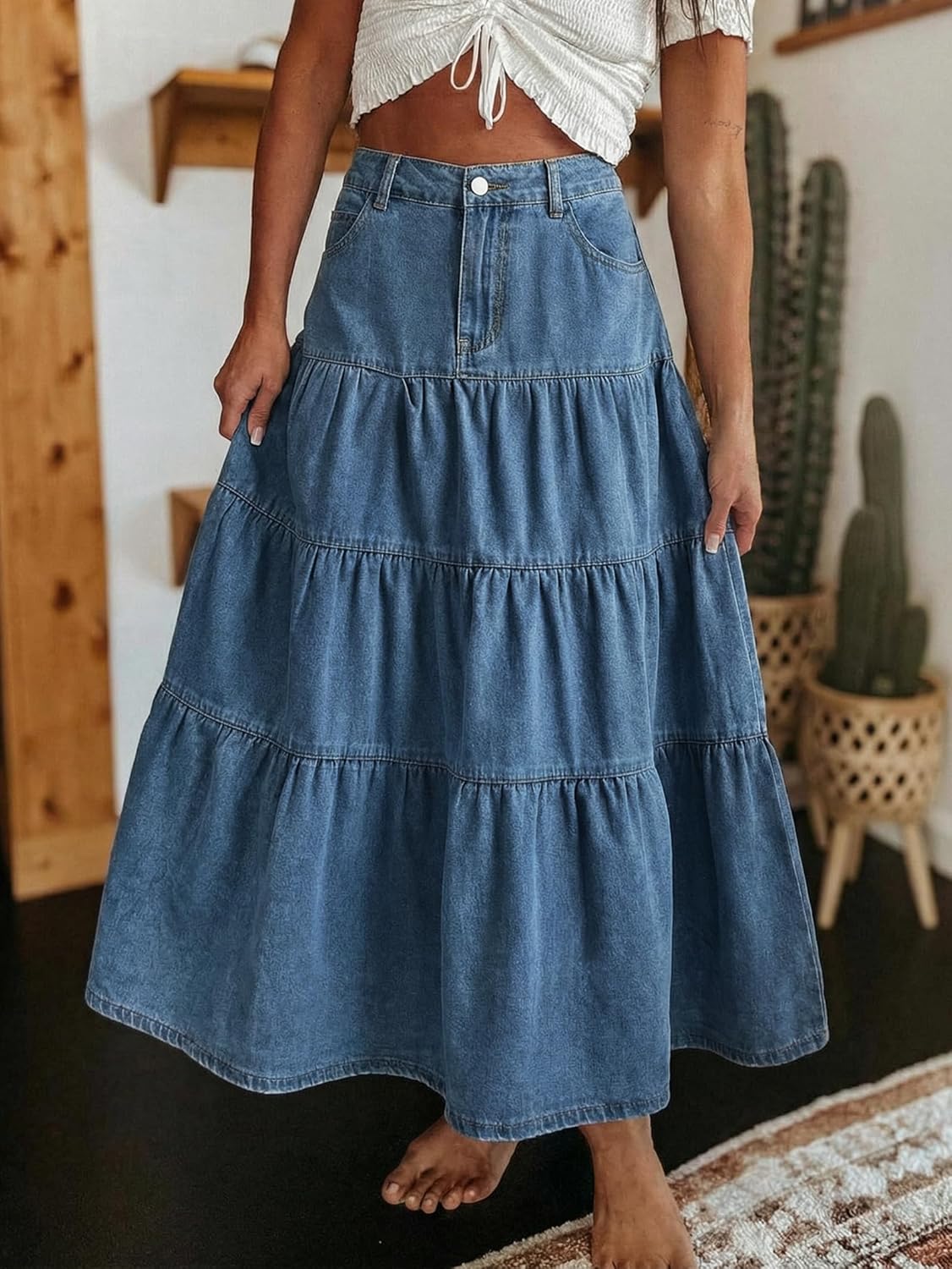 Falda larga Verna para mujer en denim – Falda larga vaquera con volantes y bolsillos