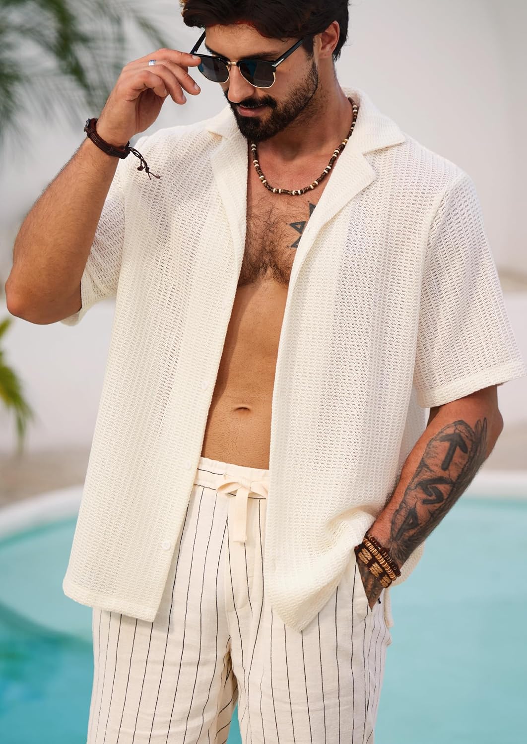 Lorenzo Camicia Camisa de Crochet para Hombre – Camisa de Verano en Punto Calado Estilo Cubano