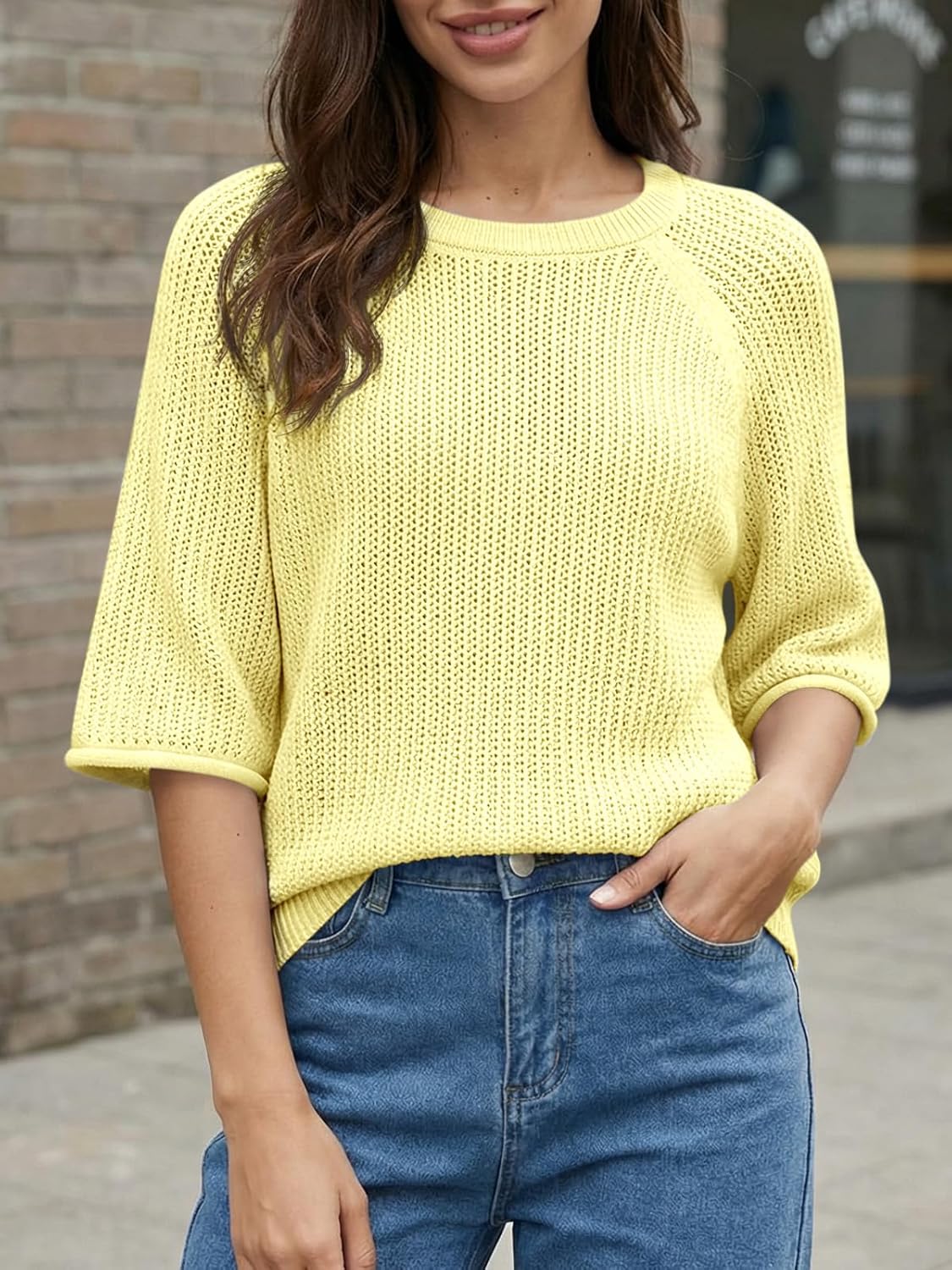Chiara Camiseta Mujer – Top de Crochet de Verano, Mangas Cortas, Cuello Redondo Casual