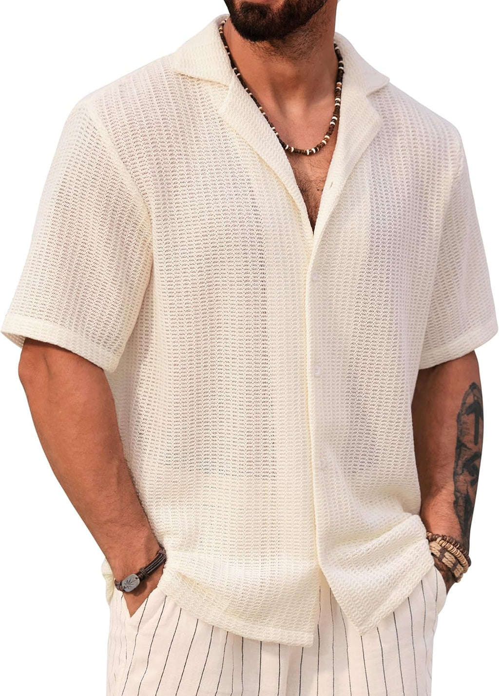 Chemise Lorenzo Camicia Crochet Homme – Chemise d'été en maille ajourée style cubain