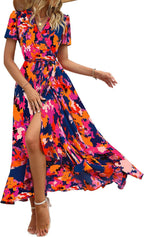 Madriana Robe Femme Maxi Florale – Col en V, Portefeuille, Fente, Ligne A Estivale