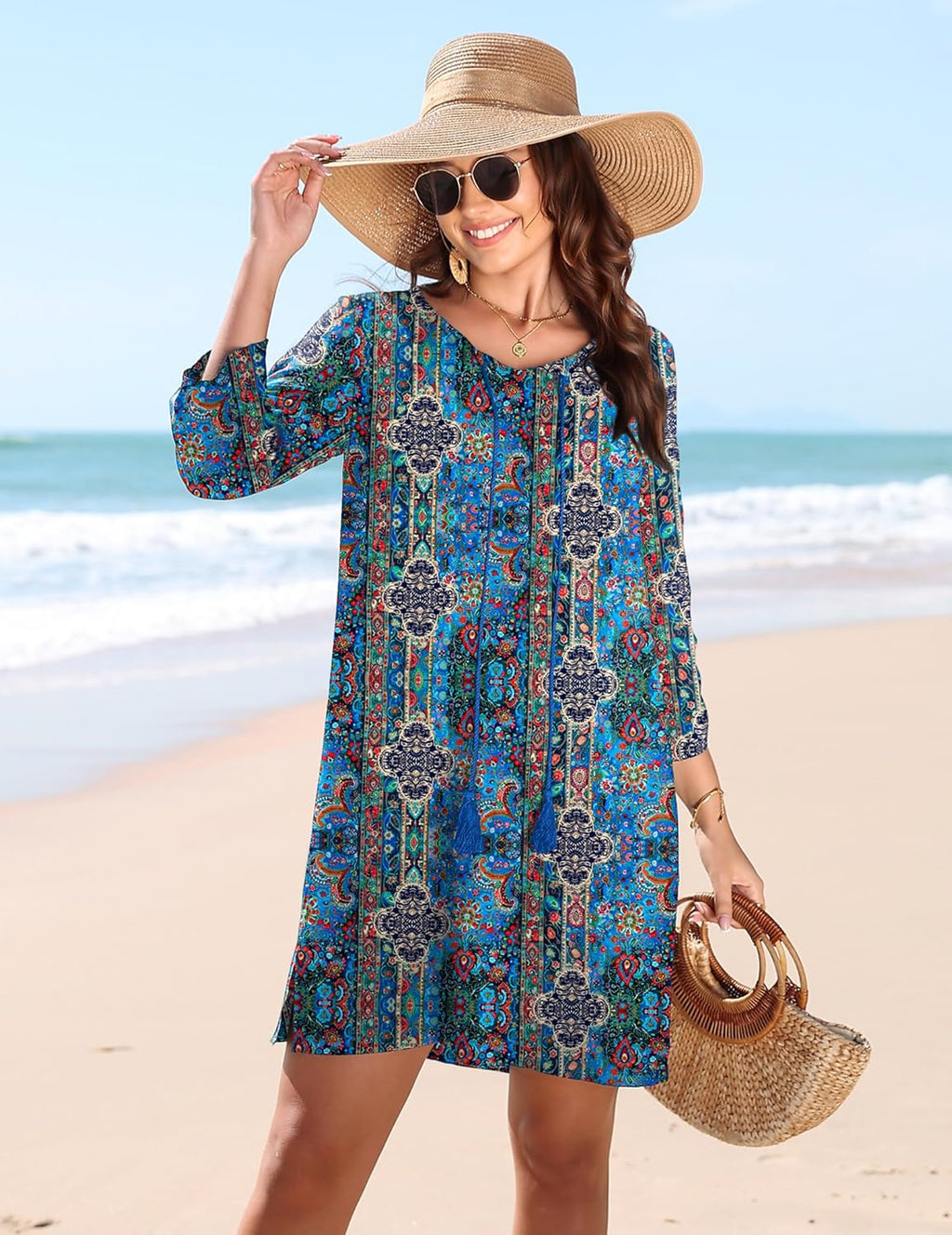 Bianca Robe Femme – Tunique Bohème Florale, Col en V, Manches 3/4 Décontractées