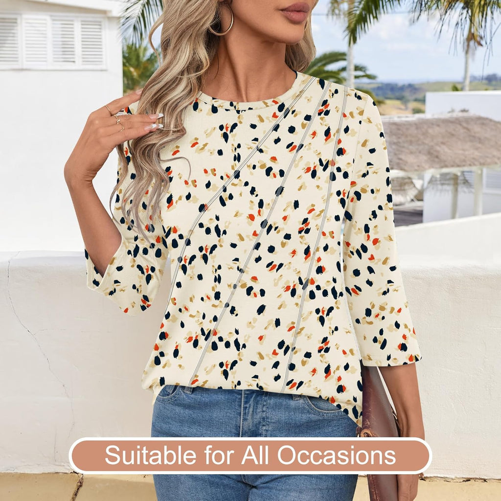 Martina Blouse Femme – Col V, Manches 3/4, Tunique Fleurie Plissée Élégante