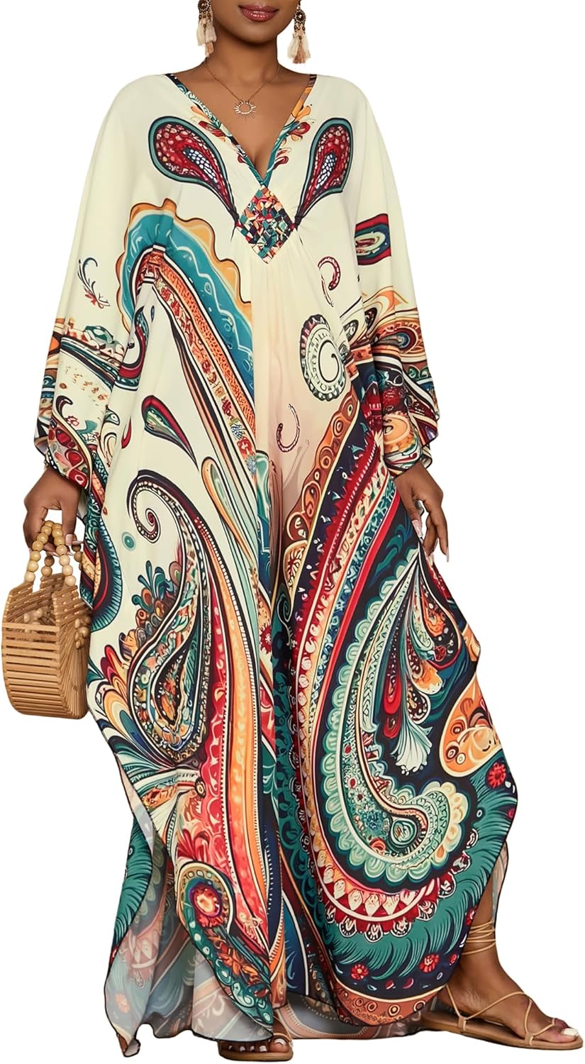 Amina Kaftano Donna Maxi – Imprimé Ethnique, Manches Chauve-Souris, Poches Plage