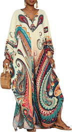 Amina Kaftano Donna Maxi – Imprimé Ethnique, Manches Chauve-Souris, Poches Plage