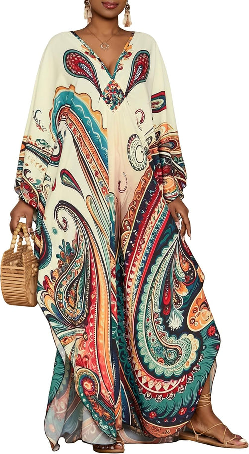 Amina Kaftano Donna Maxi – Estampado Étnico, Mangas Murciélago, Bolsillos para Playa