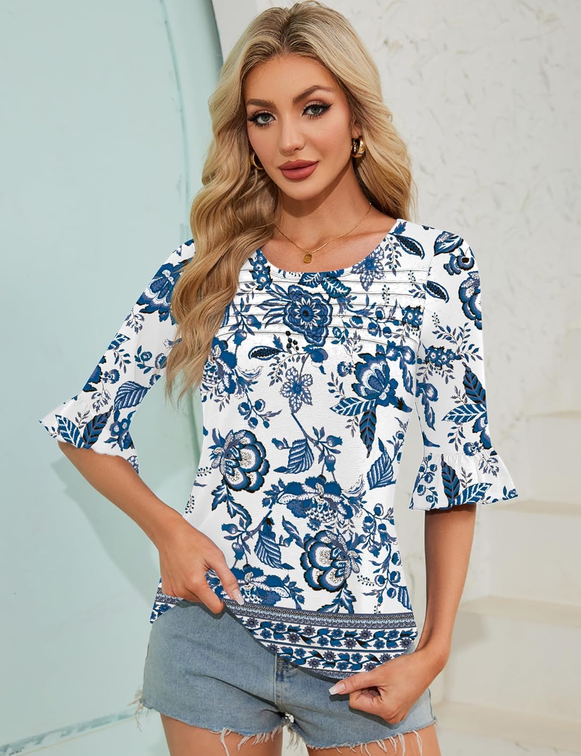 Francesca Túnica Mujer – Cuello Redondo, Mangas 3/4 con Volantes, Blusa Plisada Casual