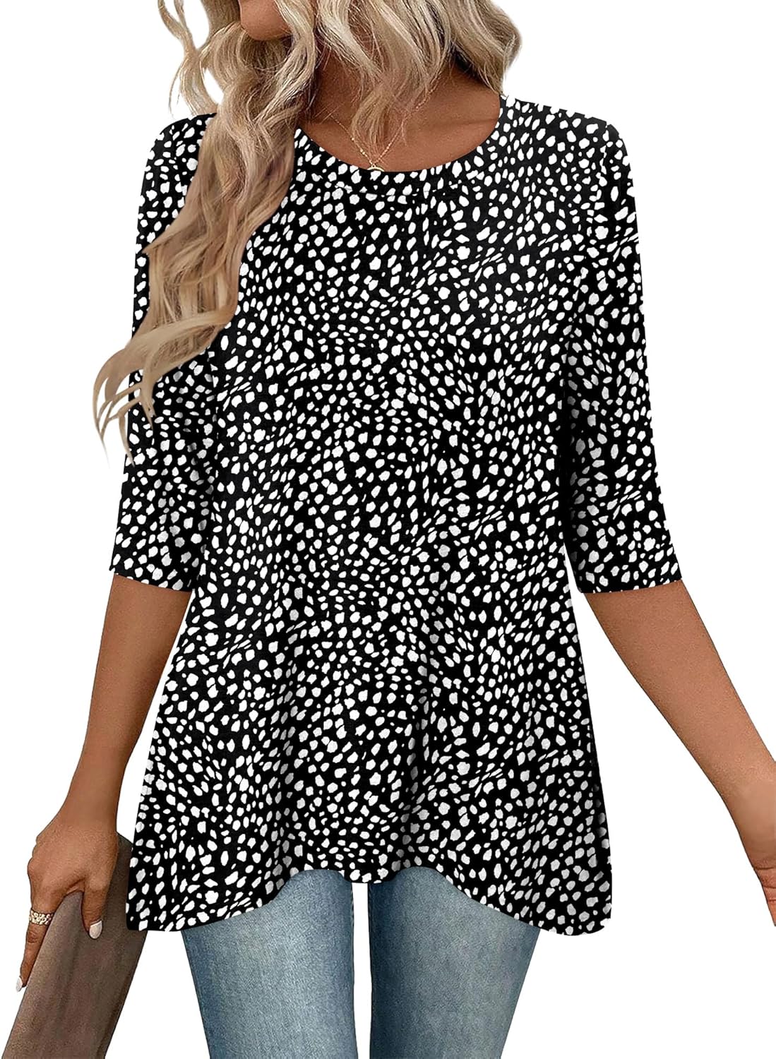 Tunique Elena Femme – Manches 3/4, Longue, Col Rond, Coupe Ample Décontractée Élégante