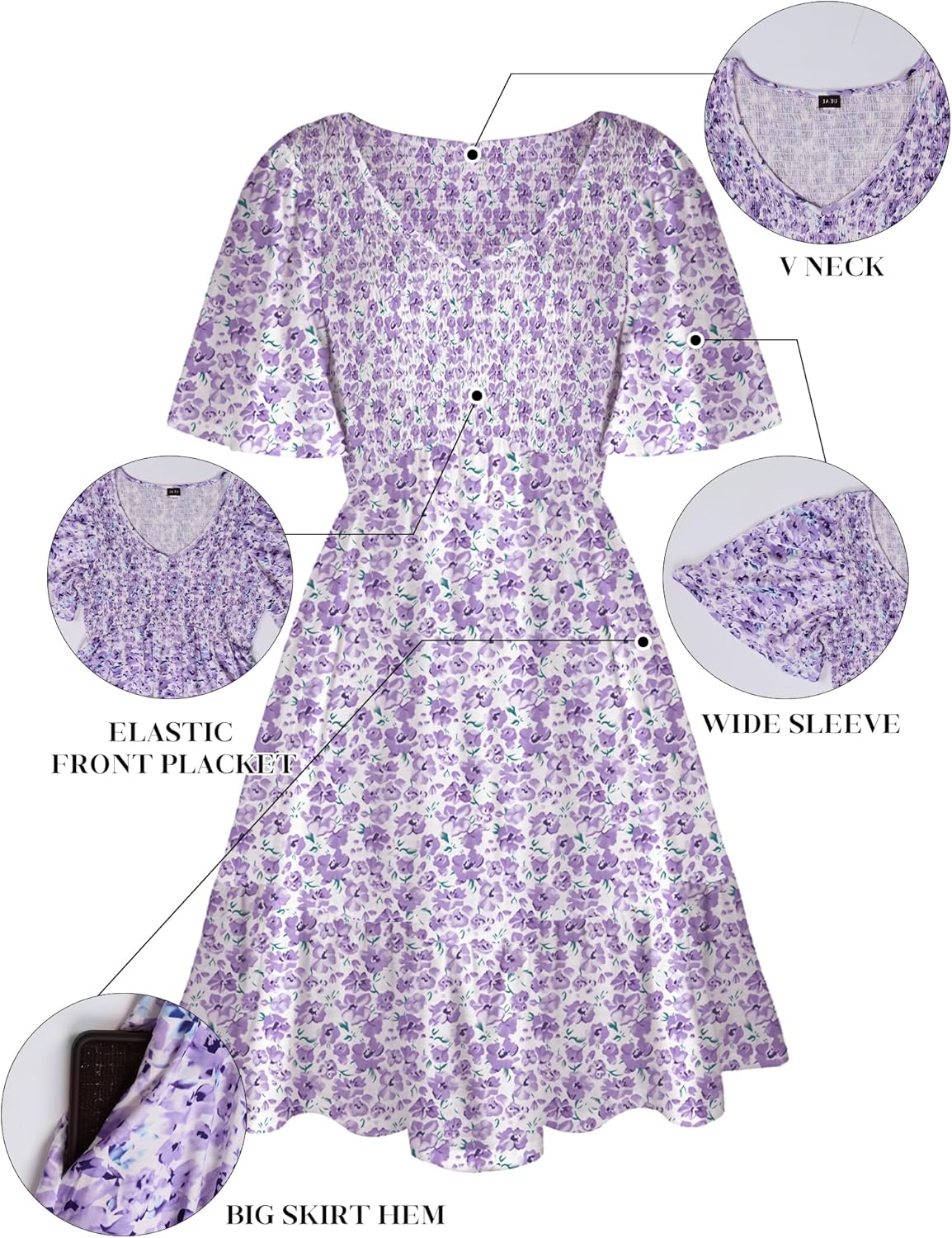 Robe Femme Martina Florale – Encolure V Smockée, Manches Volantées, Coupe A-Line Estivale