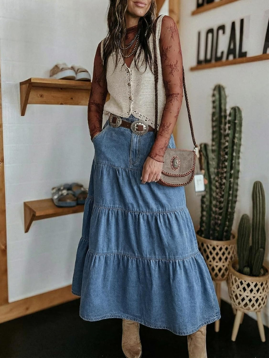 Jupe maxi Verna pour femme en denim – Jupe longue en jean avec volants et poches