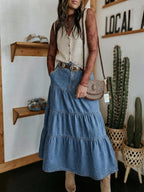 Jupe maxi Verna pour femme en denim – Jupe longue en jean avec volants et poches