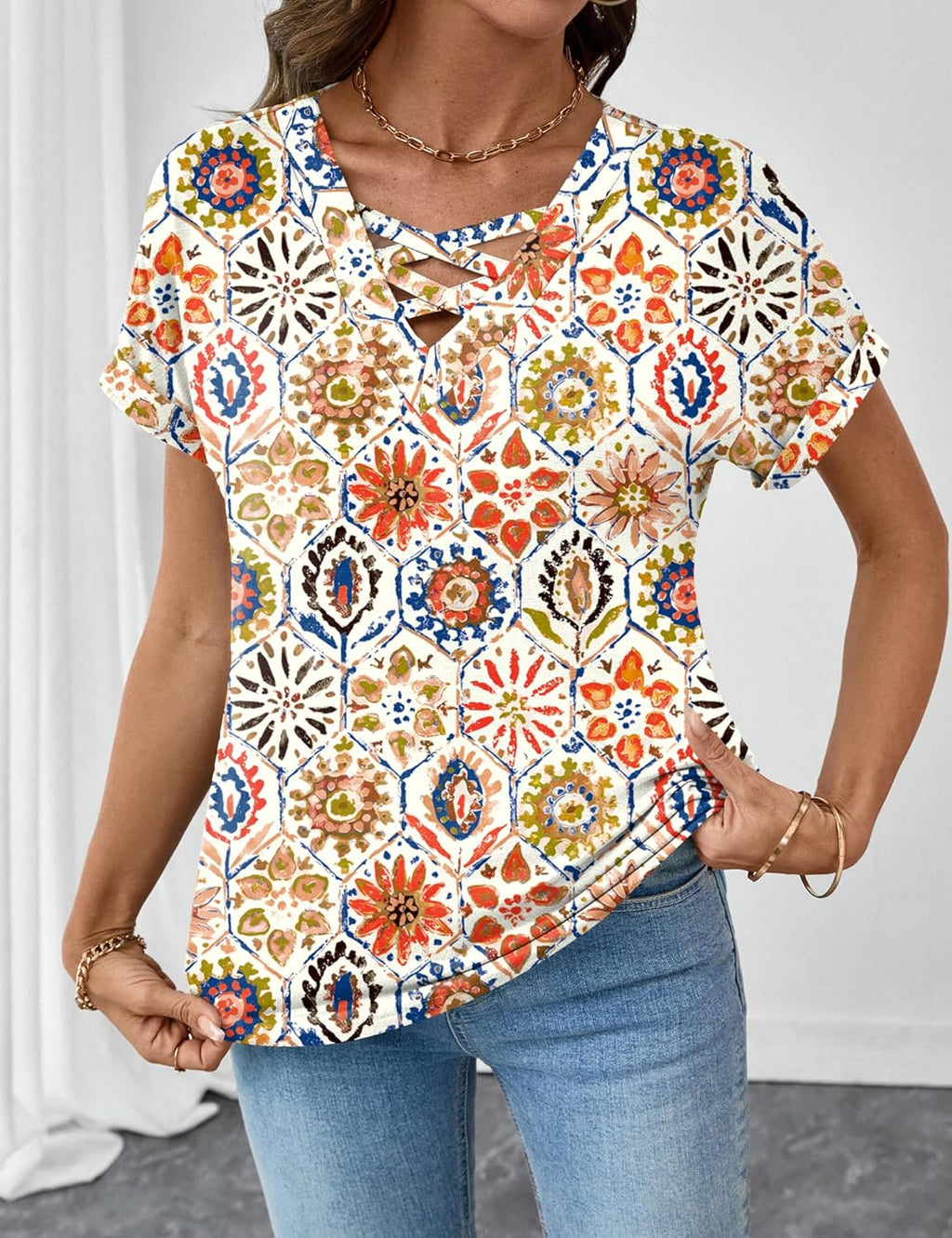 Francesca Pull Femme – Col en V Croisé, Manches Courtes, Casual Élégant