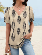 Francesca Blouse Femme Boho – Col en V avec Lien, Manches Bouffantes, Décontractée Fluide