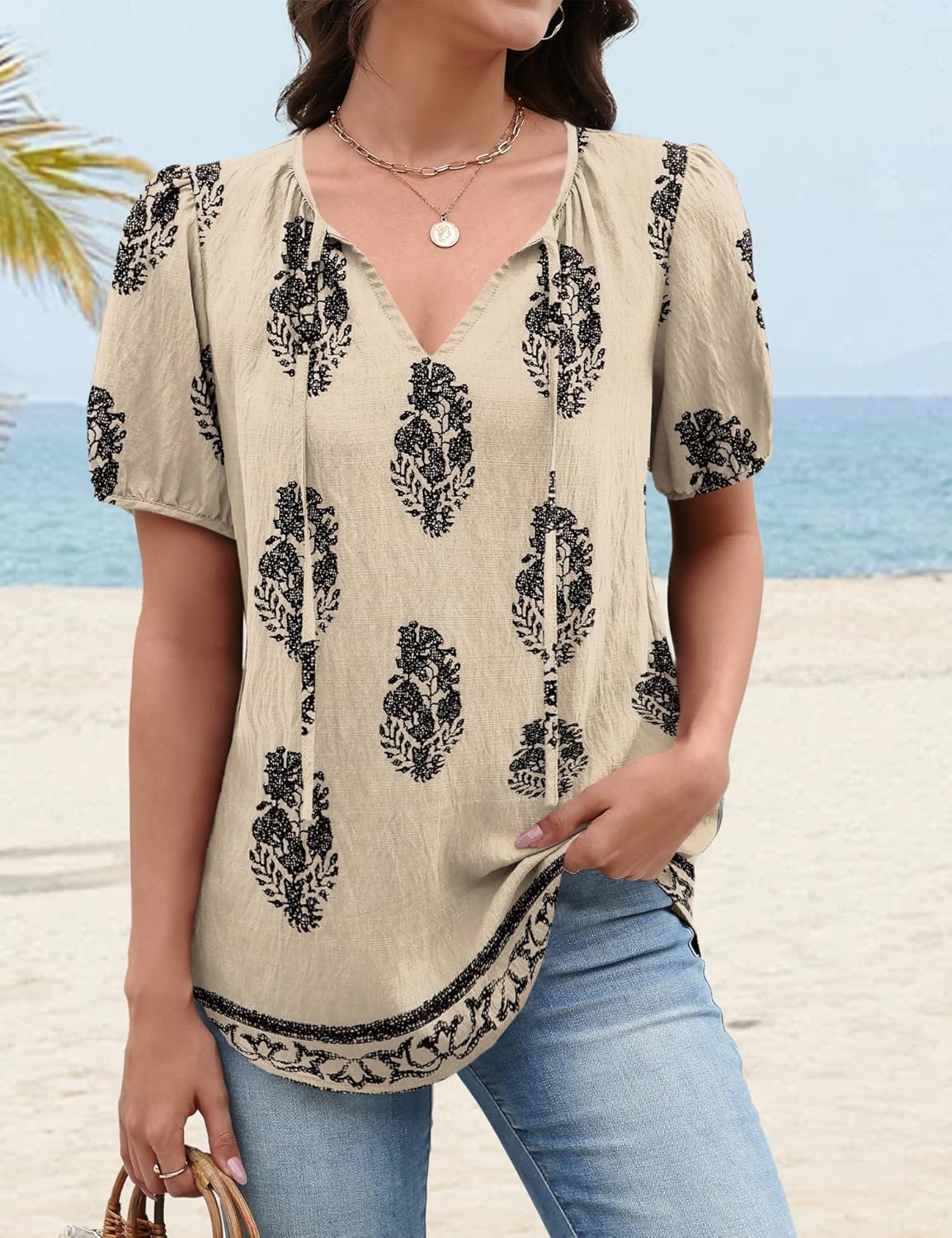 Francesca Blouse Femme Boho – Col en V avec Lien, Manches Bouffantes, Décontractée Fluide