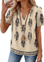 Francesca Blouse Femme Boho – Col en V avec Lien, Manches Bouffantes, Décontractée Fluide