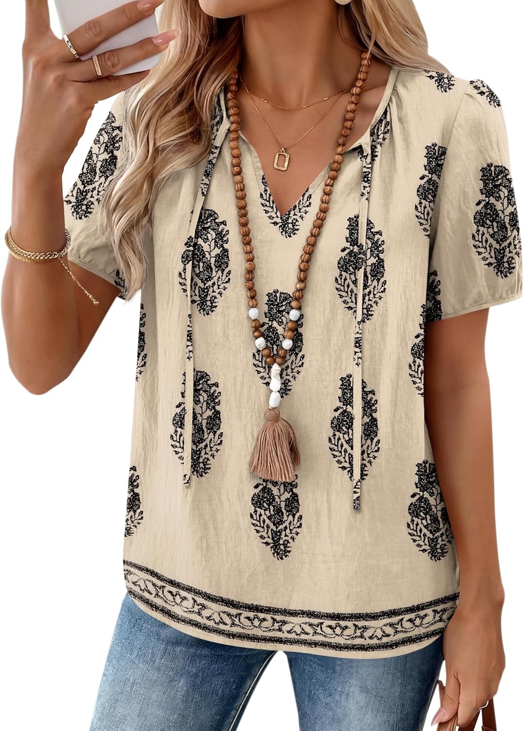 Francesca Blouse Femme Boho – Col en V avec Lien, Manches Bouffantes, Décontractée Fluide