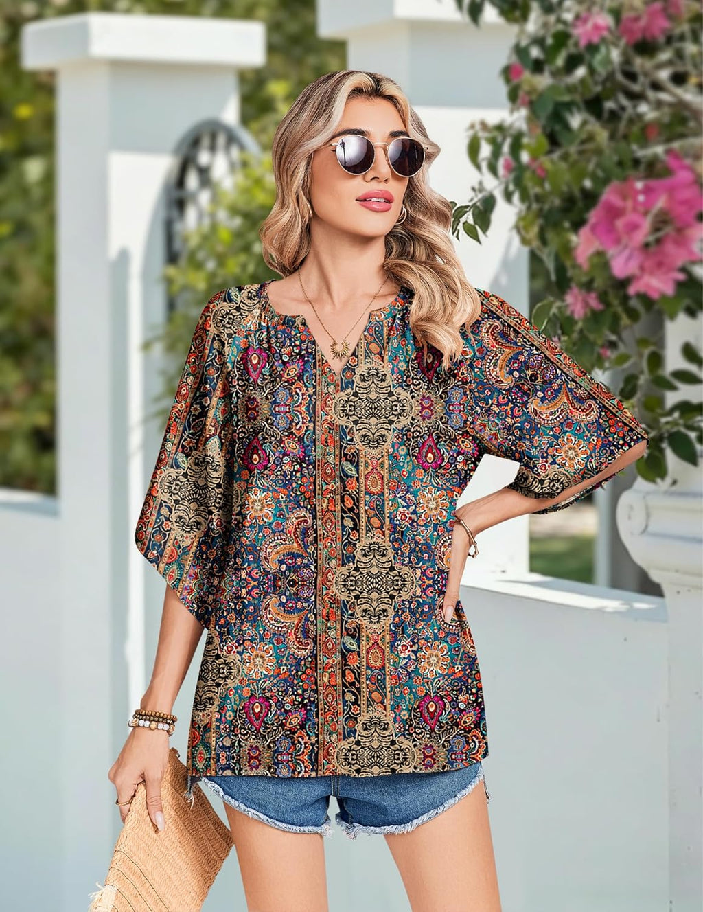 Sofia Blouse Femme – Bohème Florale, Col en V, Manches 3/4, Tunique Décontractée