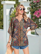 Sofia Blouse Femme – Bohème Florale, Col en V, Manches 3/4, Tunique Décontractée