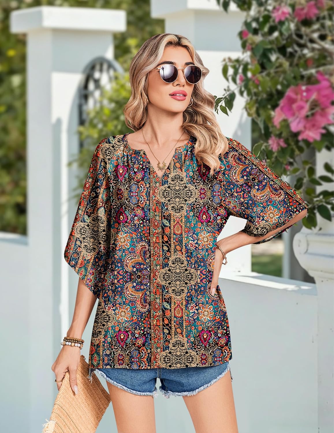 Sofia Blouse Femme – Bohème Florale, Col en V, Manches 3/4, Tunique Décontractée
