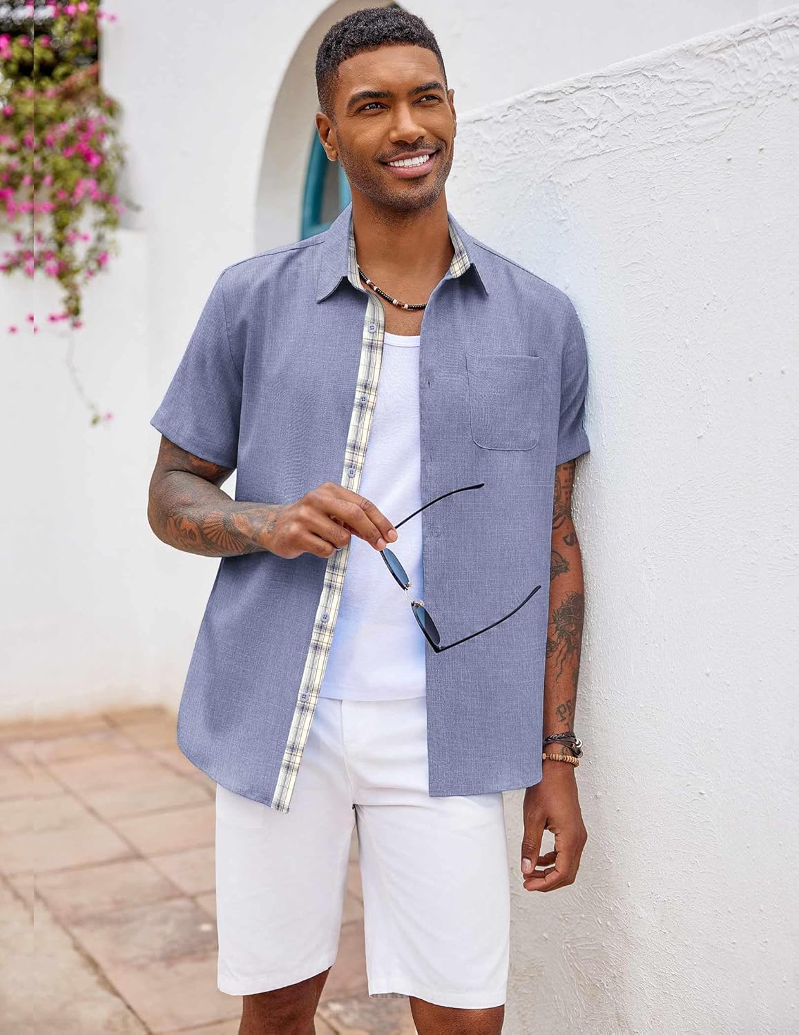 Camisa de hombre a cuadros – Camisa de verano de manga corta con bolsillo